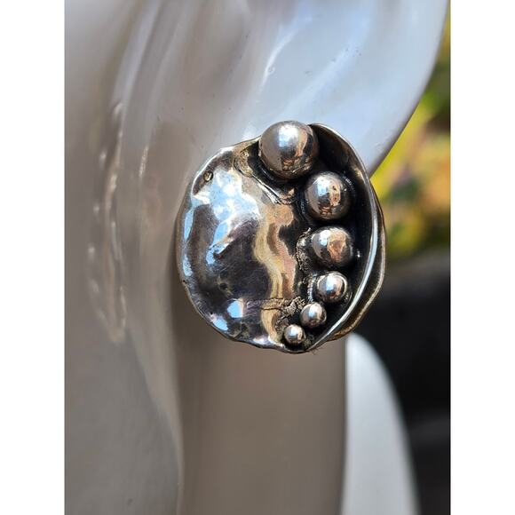 Vintage Sterling Silver Modernist Brutalist Ball Abstract Stud Earrings, MCM - Picture 1 of 10
